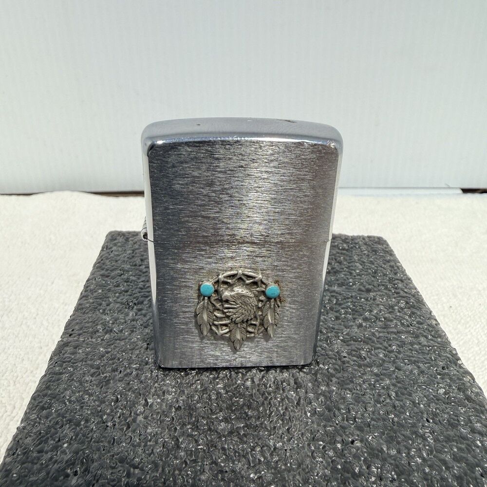 Vintage Dreamcatcher Zippo Lighter, Brushed Chrome With 2 Turquoise Beads